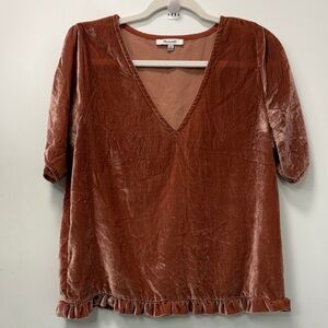 MADEWELL WOMENS TOP SIZE M V-NECK VELVET PUFF SLEEVE RUFFLE COTTAGECORE BOHO
